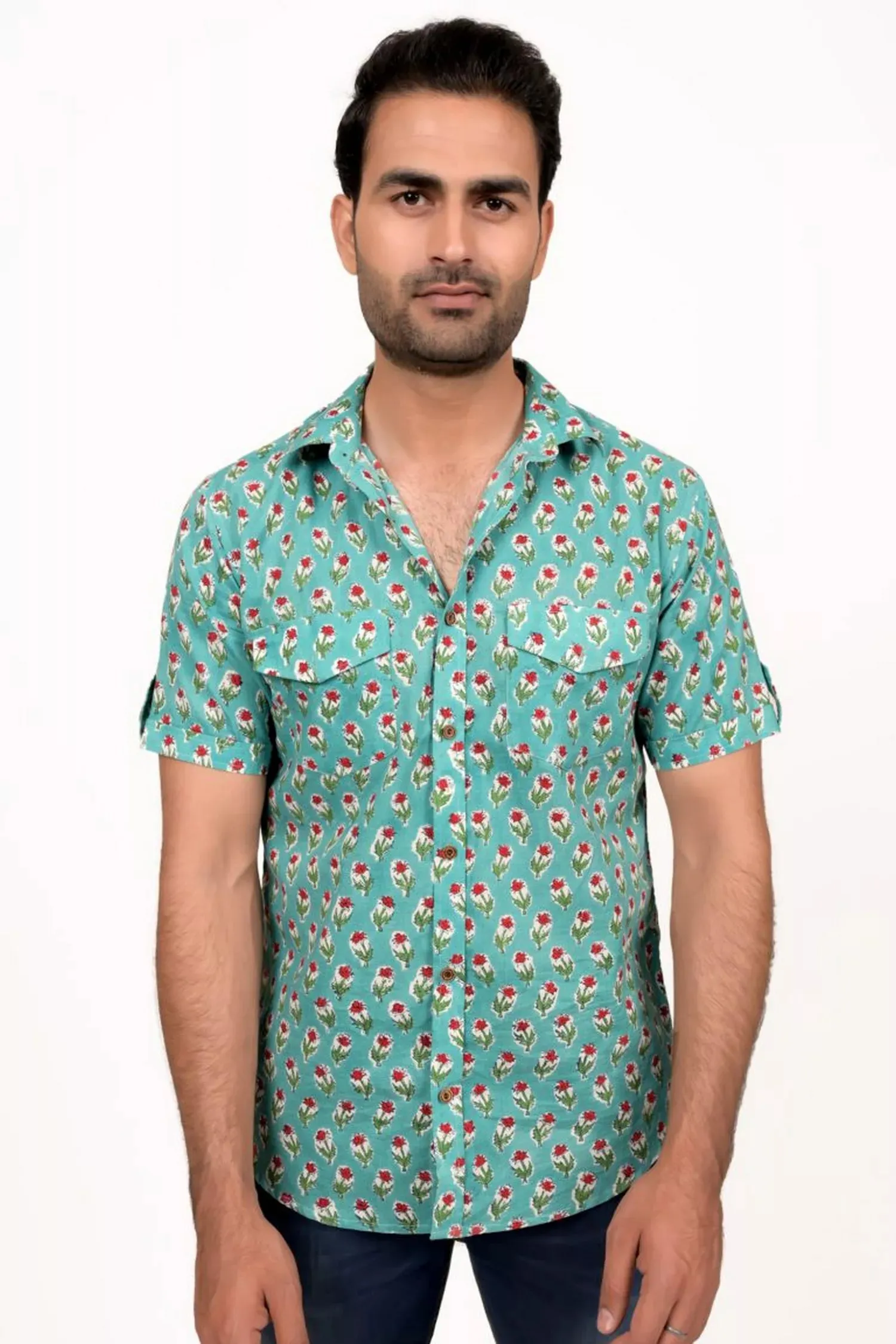 Turquoise Blue Block Printed Half Sleeve Shirt