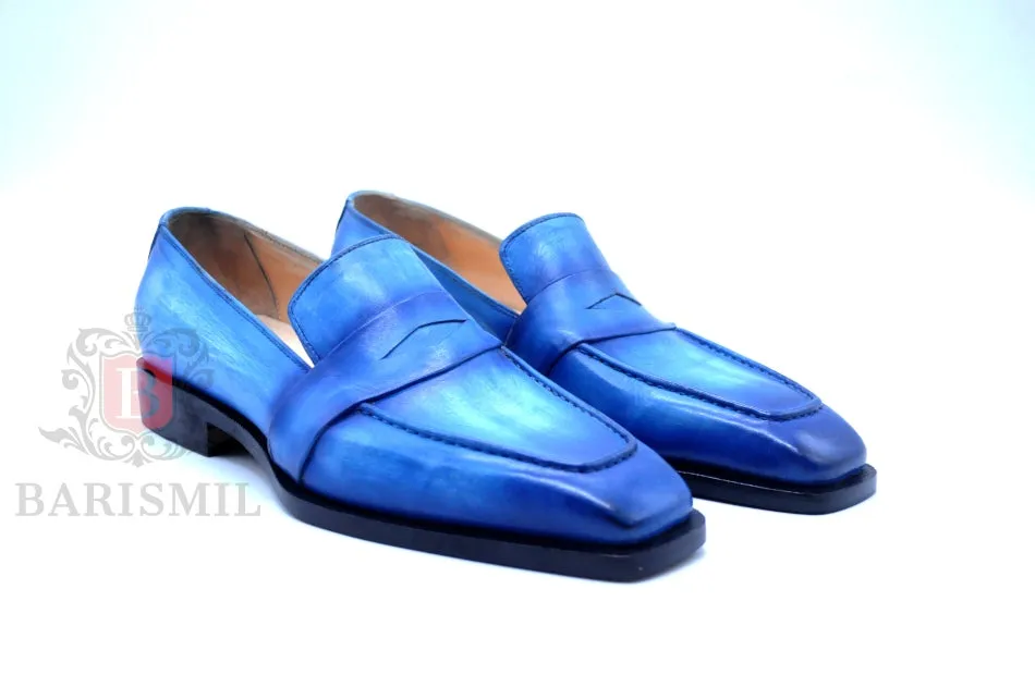 Venice - Blue Patina Leather Penny Loafers