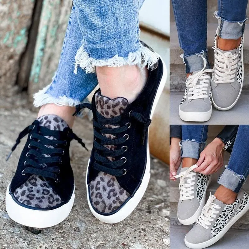 Women Lace Up Leopard Print Canvas Skate Shoes